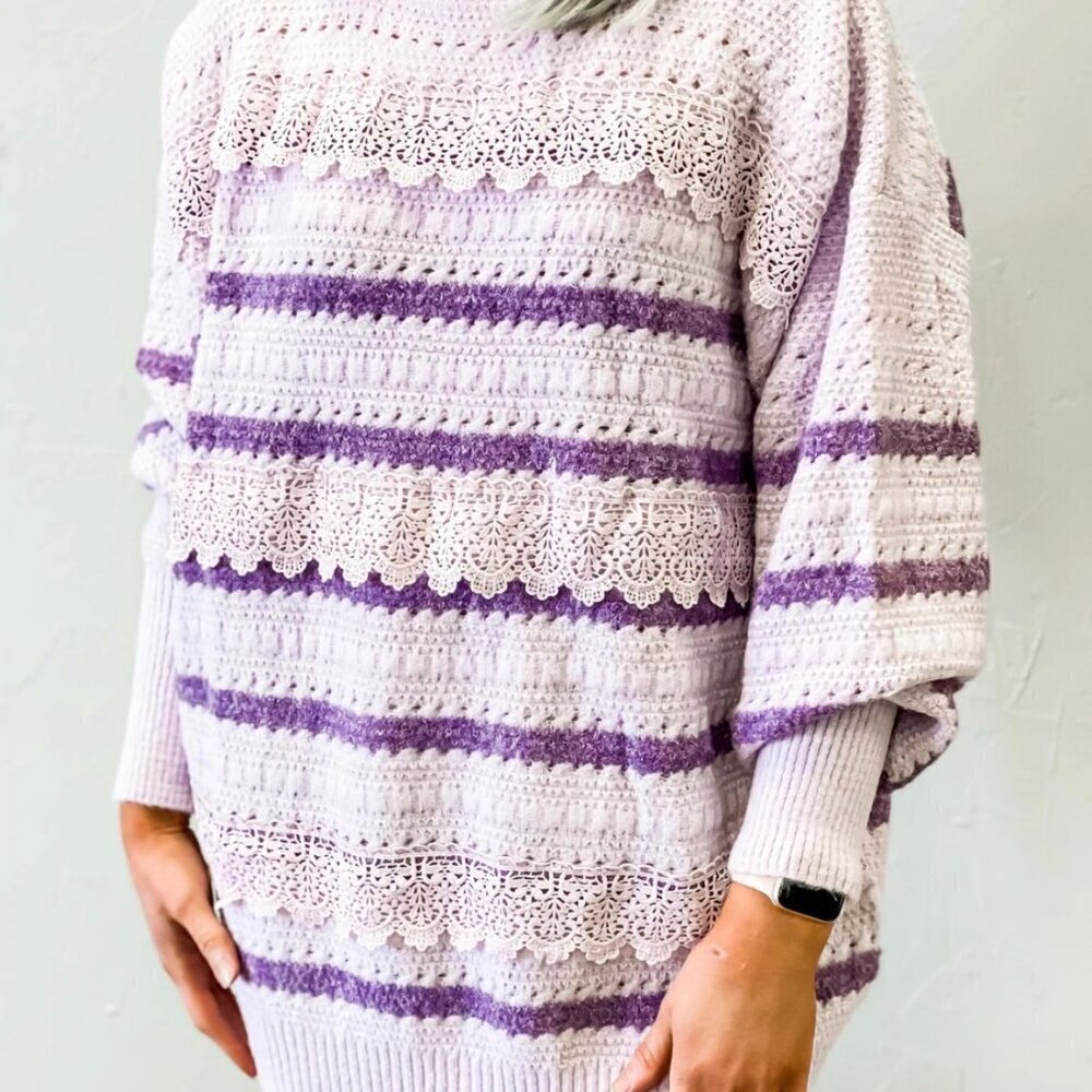 Purple Fringe Chunky Knit Lace Sweater Striped Ribbed Oversized - Picture 7 of 14